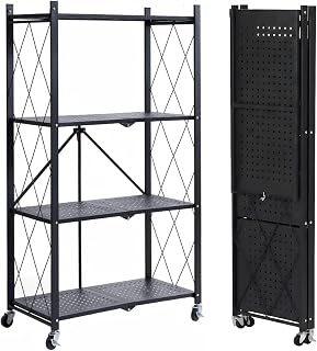 COKIHOM 4 Tier Foldable Storage Shelf, Large Capacity Metal Shelf Rack, Rolling Bookshelf with Wheels, Wire Shelf Organizer for Kitchen, Pantry, Office, Garage, Basement, Black