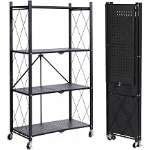 COKIHOM 4 Tier Foldable Storage Shelf, Large Capacity Metal Shelf Rack, Rolling Bookshelf with Wheels, Wire Shelf Organizer for Kitchen, Pantry, Office, Garage, Basement, Black