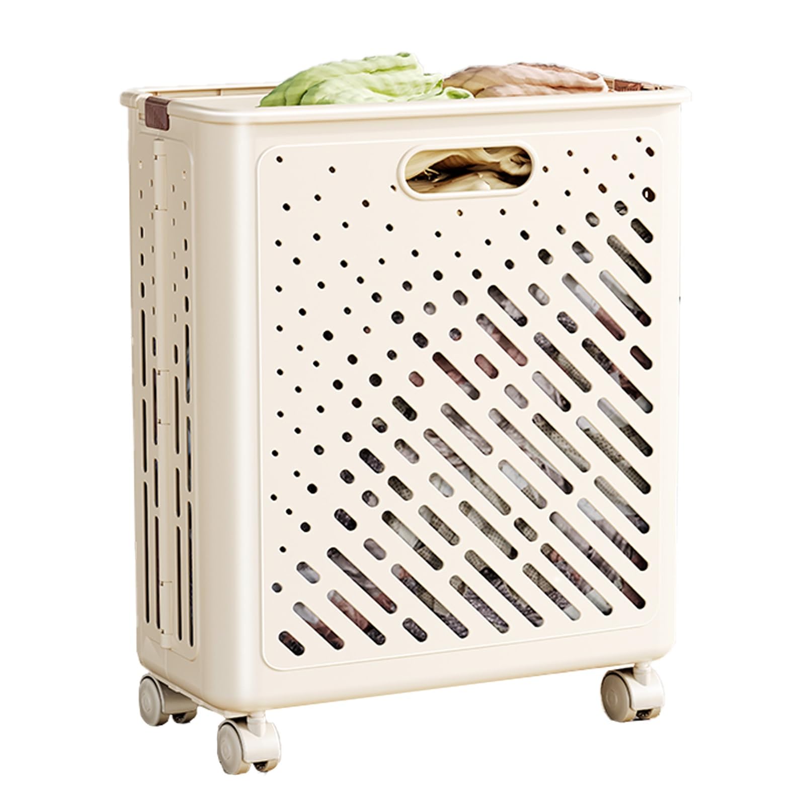 Large Laundry Baskets, Laundry Hamper with Wheels and Handle, Foldable, Plastic Material Dirty Clothes Hamper for Laundry and Bedroom, Hollow Design(Beige,50x38x21cm/20x15x9in)
