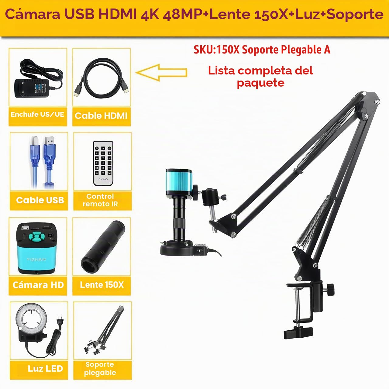 Microscopio de soldadura 4K UHD Microscopio digital electrónico IMX327 HDMI USB cámara de soldadura 130X 150X 180X Lente Zoom (4K 48MP IMX327 HDMI+150X Soporte Plegable A)
