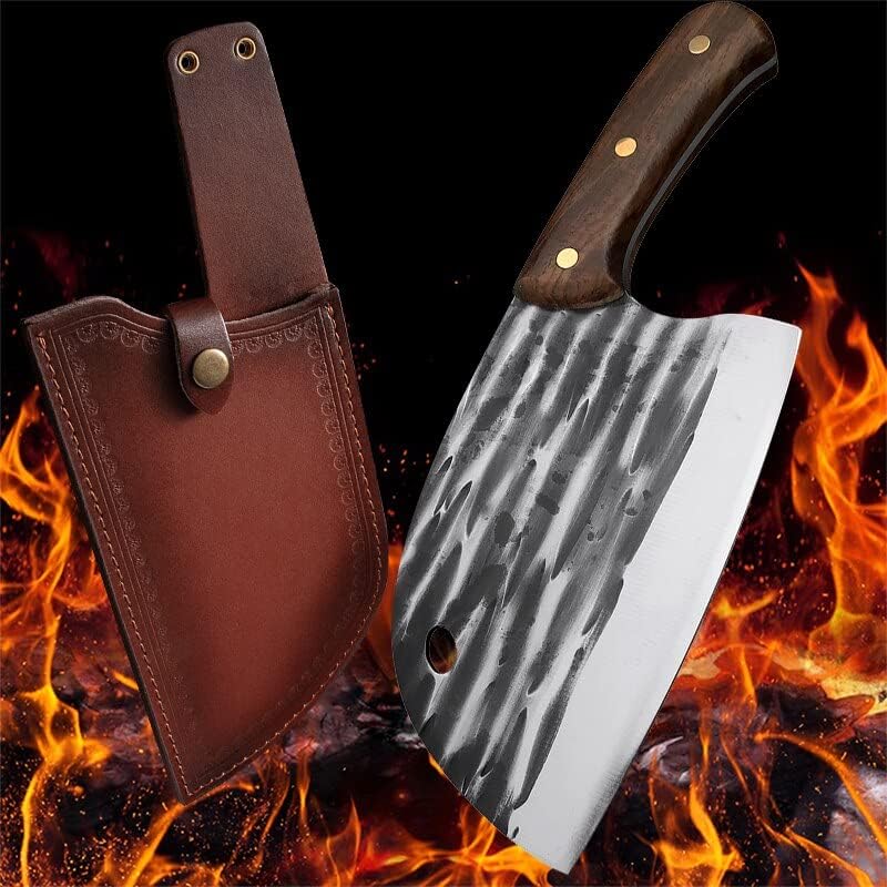 Meat cleaver, Full Tang Forging Serbian Chef Knife Kitchen Knife With Leather Sleeves Covers Handmade Butcher Viking Camping Filleting Knife Cleaver Knife (Color : 02)