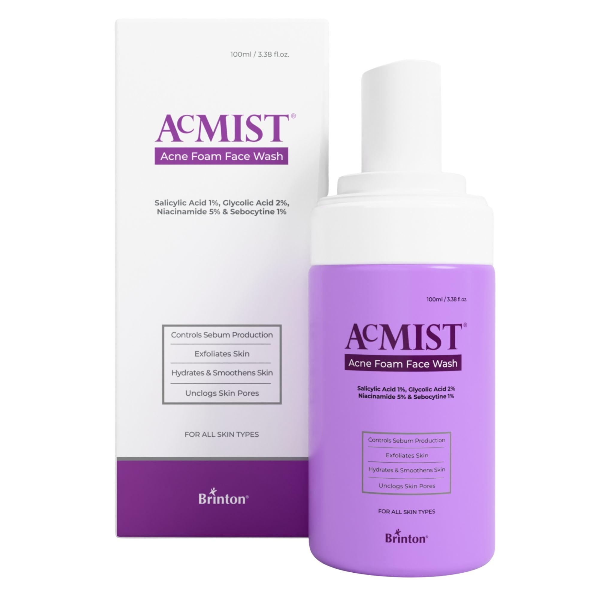 Brinton Acmist Acne Foam Face Wash | 1% Salicylic Acid, 2% Glycolic Acid, 5% Niacinamide | Foaming Face Wash for Acne | Controls Sebum, Unclogs Pores, Smoothens Skin | Suitable for All Skin | 100ml-image-1