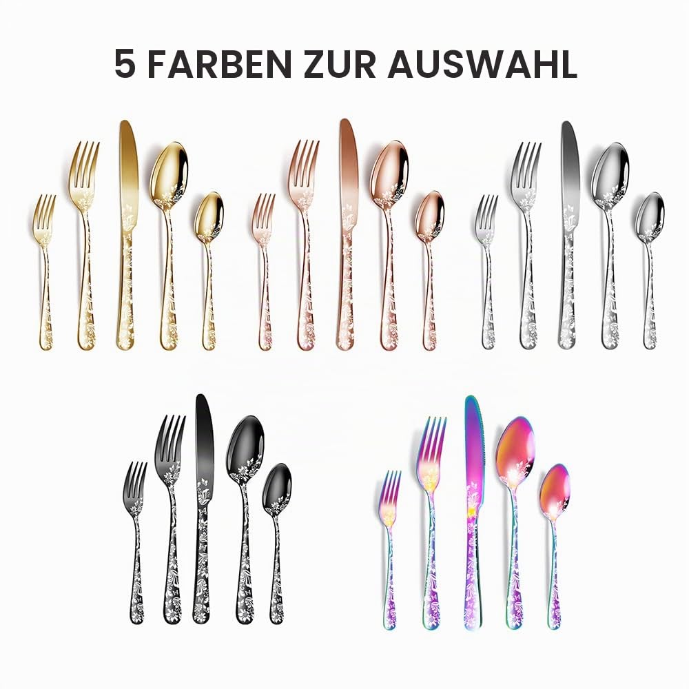 Aoresac Besteck-Set für 4 Personen, 20 Stück, aus Edelstahl, poliertes Muster, mit Blumenspiegel, inklusive Messer, Gabel für Küche, Restaurant, Party