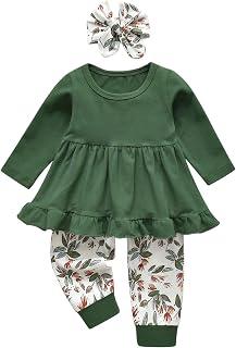 Toddler Baby Girl Clothes Infant Solid Color Long Sleeve Ruffle Tops Pants Headband 3pcs Outfits Set