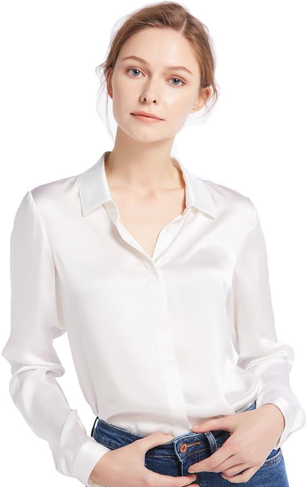 Womens Pure Silk Shirt Ladies Button Down Classic Blouse Tops with Point Collar and Hidden Placket for Casual Business Multiple Occasions