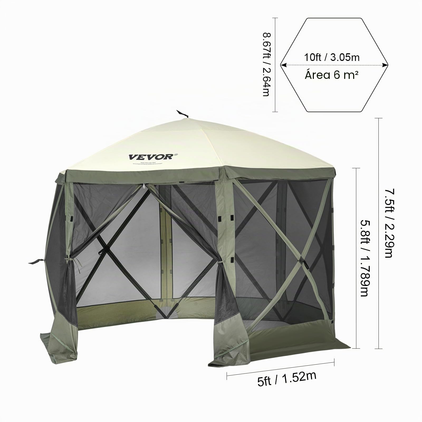 VEVOR Carpa Plegable para Cenador 6 Lados con Mosquitera y Paños de Viento 3,05 x 3,05 x 2,29 m Verde Marrón