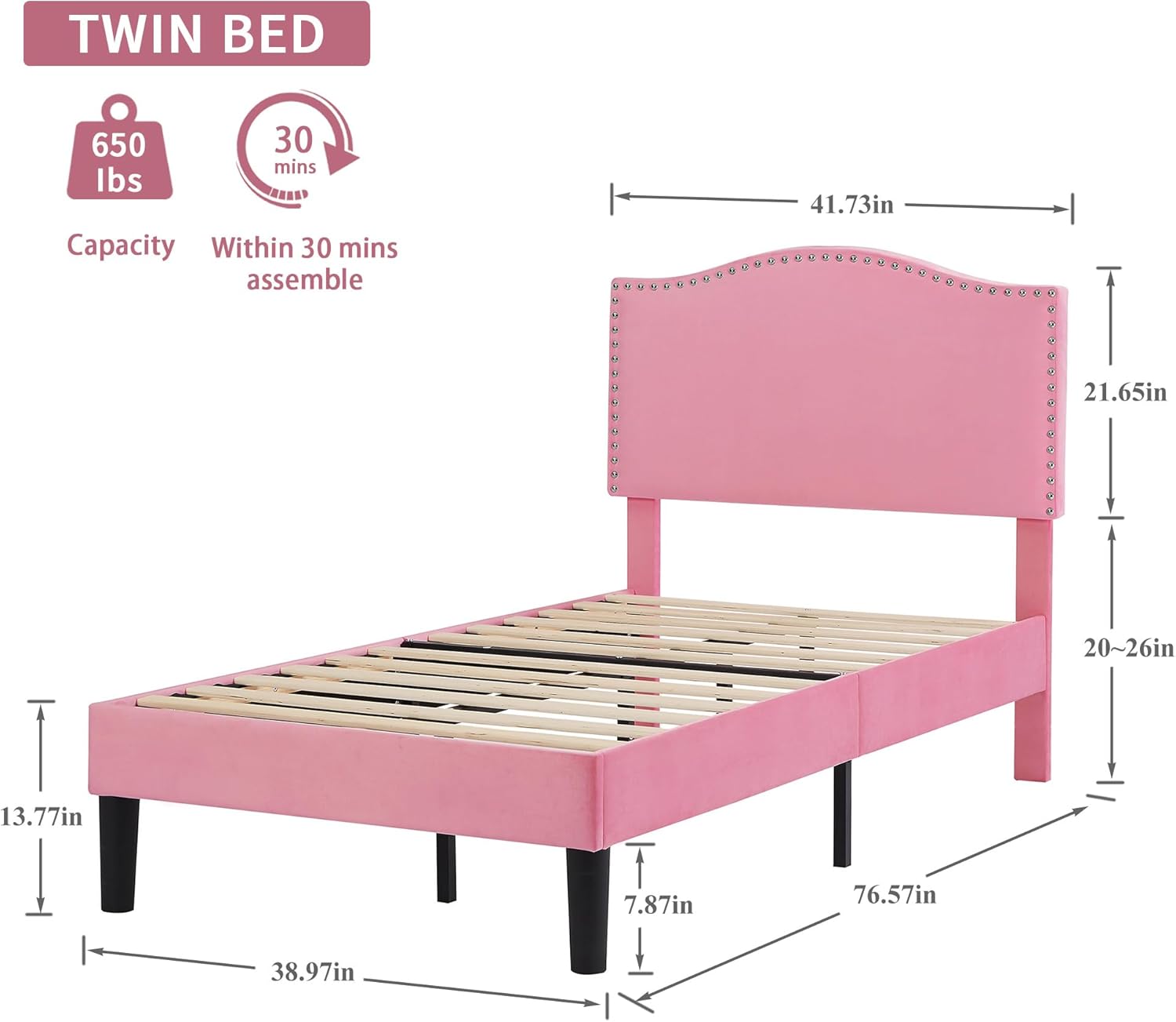 VECELO Twin Bed Frame, Platform Bed Frame with Adjustable Height Upholstered Headboard, Heavy-Duty Frames and Strong Wooden Slats Support, Non-Slip and Noise-Free, Easy Assembly, Pink