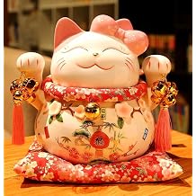 EatingBiting 7.9inch Japanese Ceramics Maneki Neko Lots Bells Bowknot Cat Ornament Collectible Figurine Waving Lucky Cat,Ornately Decorated Porcelain Best Gift for Business Opening