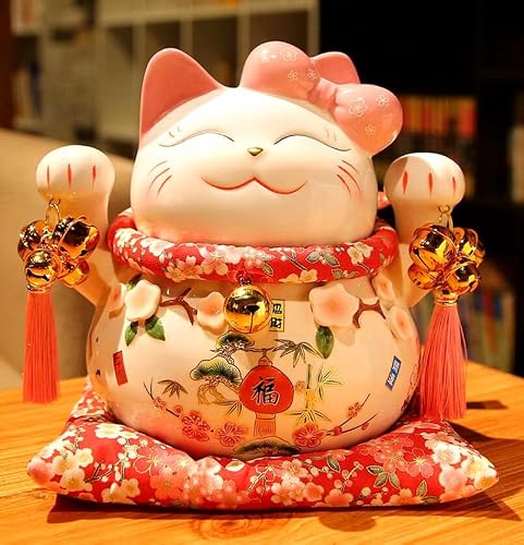 EatingBiting 7.9inch Japanese Ceramics Maneki Neko Lots Bells Bowknot Cat Ornament Collectible Figurine Waving Lucky Cat,Ornately Decorated Porcelain Best Gift for Business Opening
