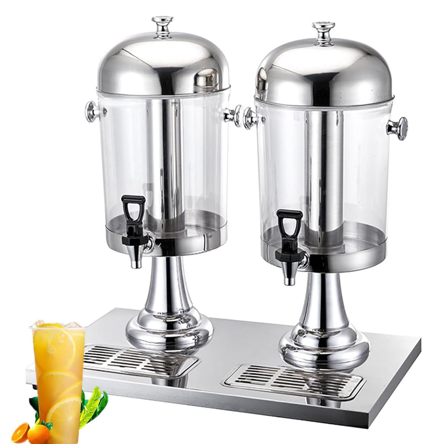 ASerZenith Commercial Juice Dispenser, Stainless Steel Clear Glass Drink Dispenser Juice Drink Commercial Beverage Dispenser, Self Service Cocktail Dispenser(Silver-Doublehead16L)