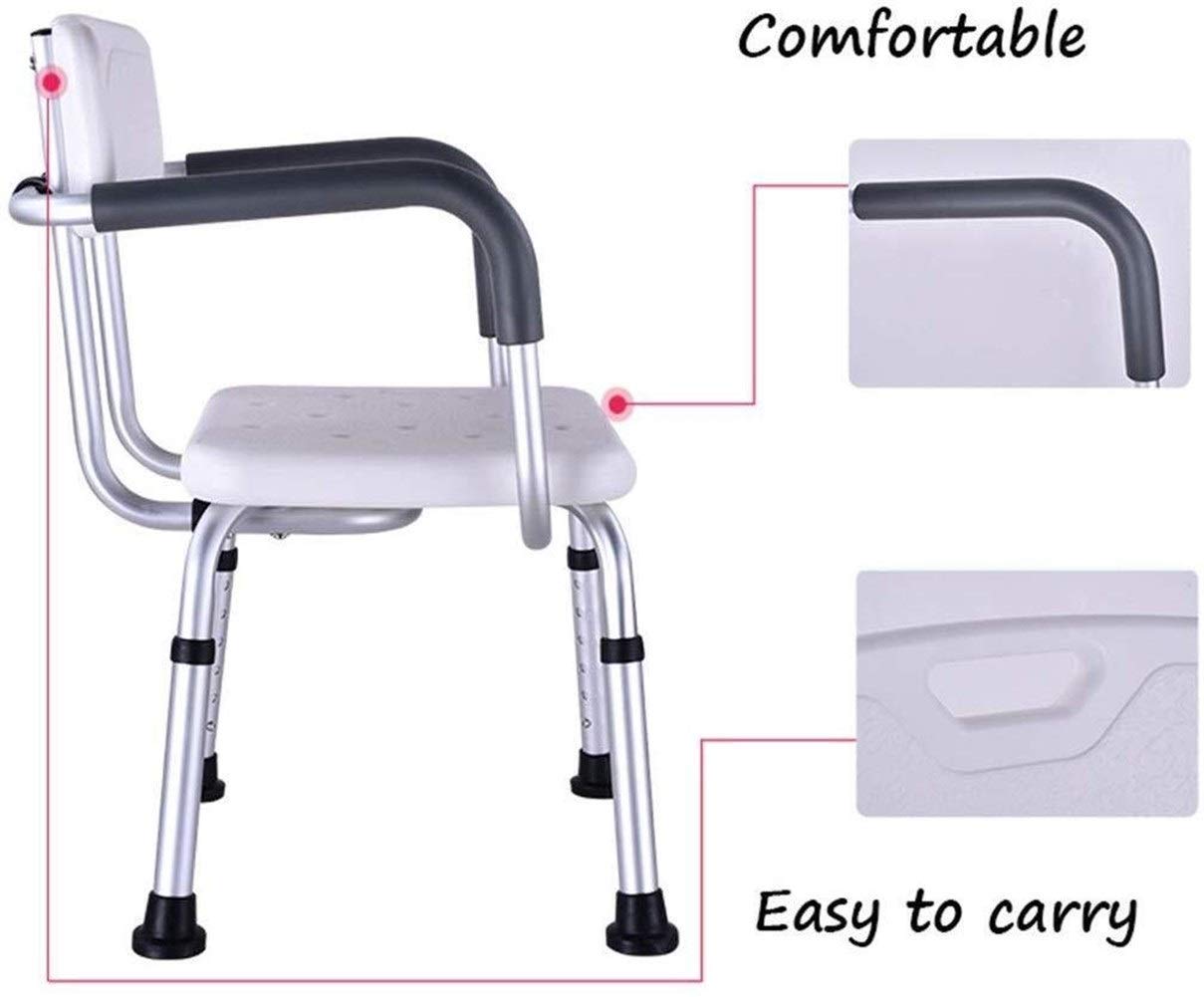 Taburete de Ducha Silla de baño Asiento de baño con apoyabrazos con Respaldo Altura Ajustable Portátil Ligero Aluminio Carcasa Antideslizante Cojinete 200 Kg