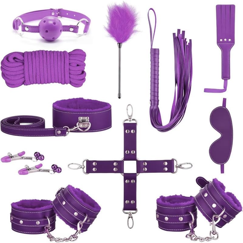 Kit di 11 Accessori BDSM in Pelle Viola con Strumenti di Legame Flirtabili per Esplorare L'intimità