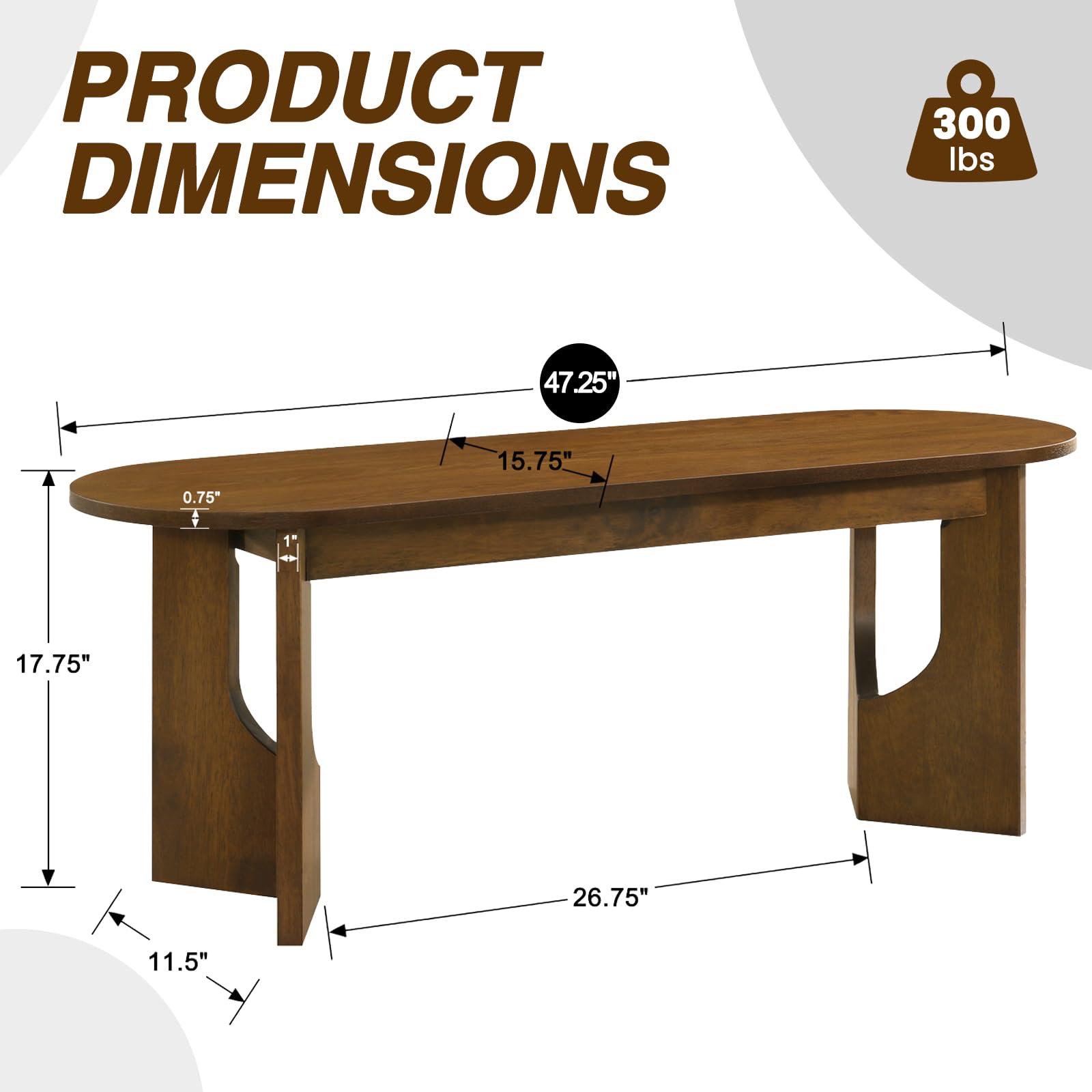 47.25" L Walnut Wood Oval Bench, Solid Wood Dining Bench with Wooden Legs for Dining Room, Restaurant, 1 Piece