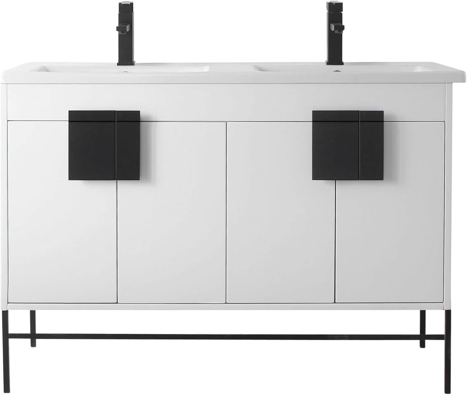 Fine Fixtures - Modern White 48" Bathroom Vanity Set, Black Matte Hardware, Vireous China Sink Top
