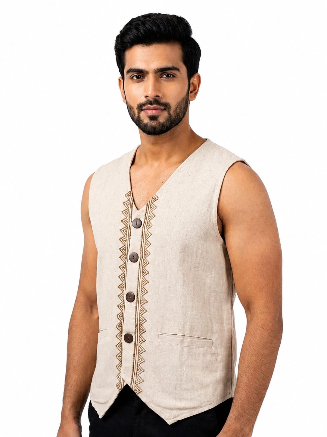 Men's Linen Blend Waistcoat, Beige with Tribal Handmade Block Print| Casual Wear and Party Freesize|-picture-48
