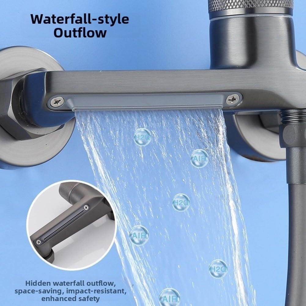 Juego de grifo de ducha montado en la pared, grifo mezclador de cobre gris | Manguera de PVC de 5 pies, tres modos de pulverización, salida de cascada, boquillas de silicona autolimpiantes para áreas de