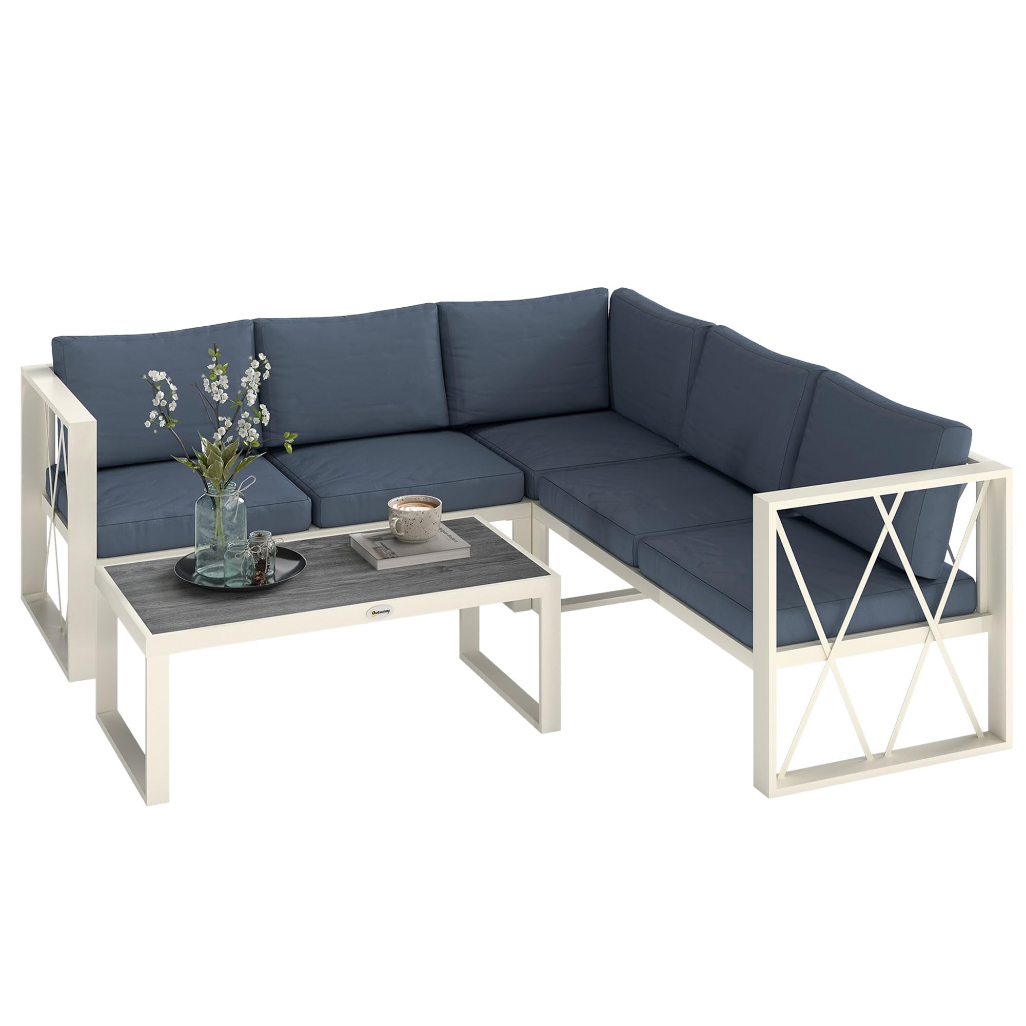 Outsunny Conjunto de Muebles de Jardín Exterior de 4 Piezas Sofá Seccional Exterior Forma de L con Sofá de Esquina y 2 Sofás de 2 Plazas con Mesa de Centro DPC Asiento Regulable y Cojines Beige y Gris