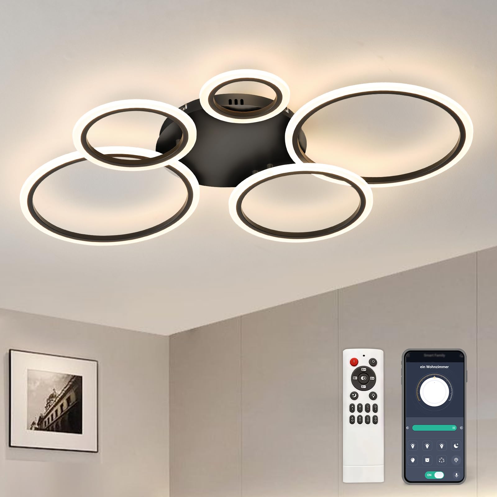 Tetipa LED Deckenleuchte Dimmbar, Deckenlampe LED Wohnzimmerlampe mit Fernbedienung APP Farbwechsel