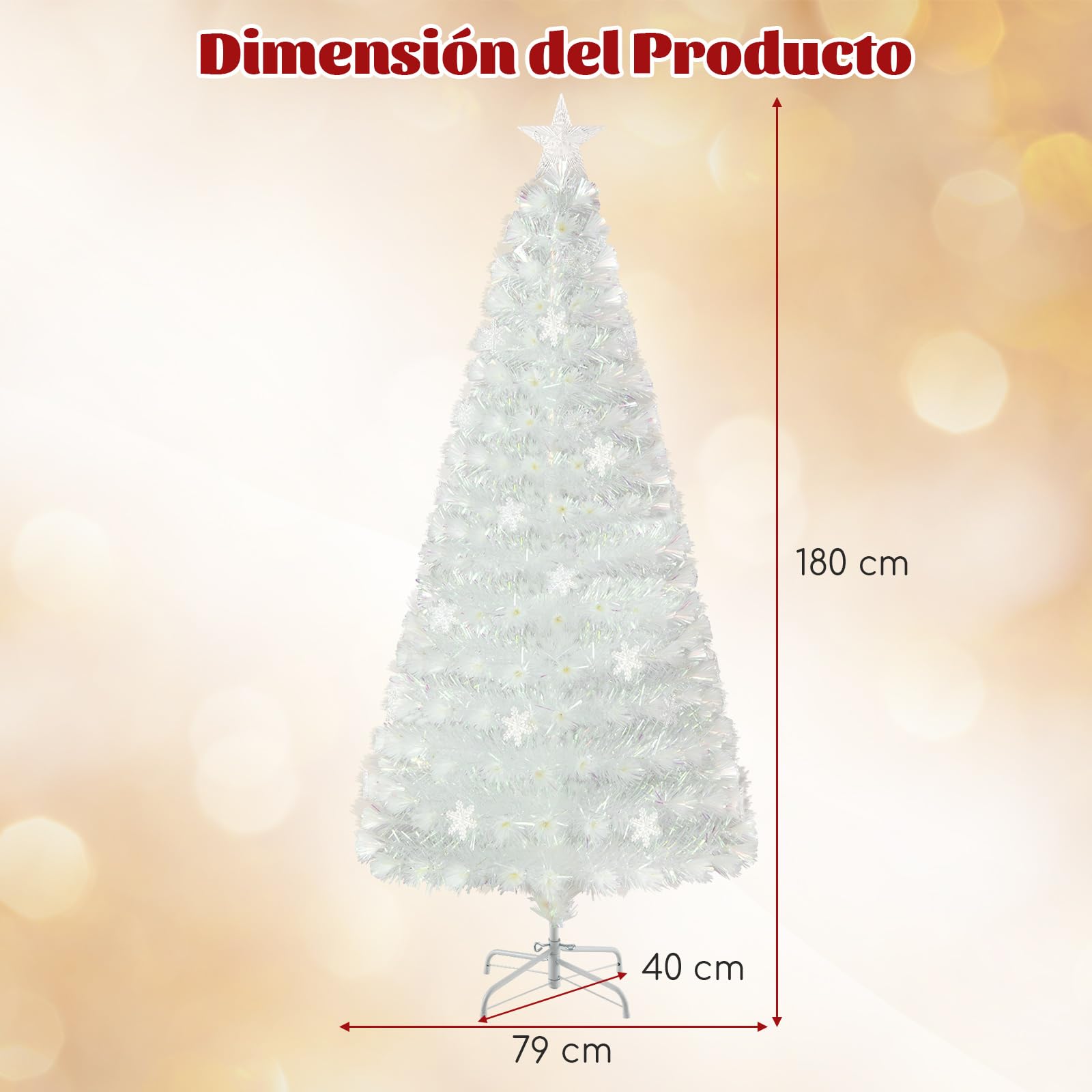 COSTWAY 180cm Árbol de Navidad Blanco, Hojas Iridiscentes, Árbol de Navidad de Fibra Óptica Preiluminado, 30 Luces LED de Copos de Nieve, Estrella, Arvore de Natal Oficina y Hogar(180cm)