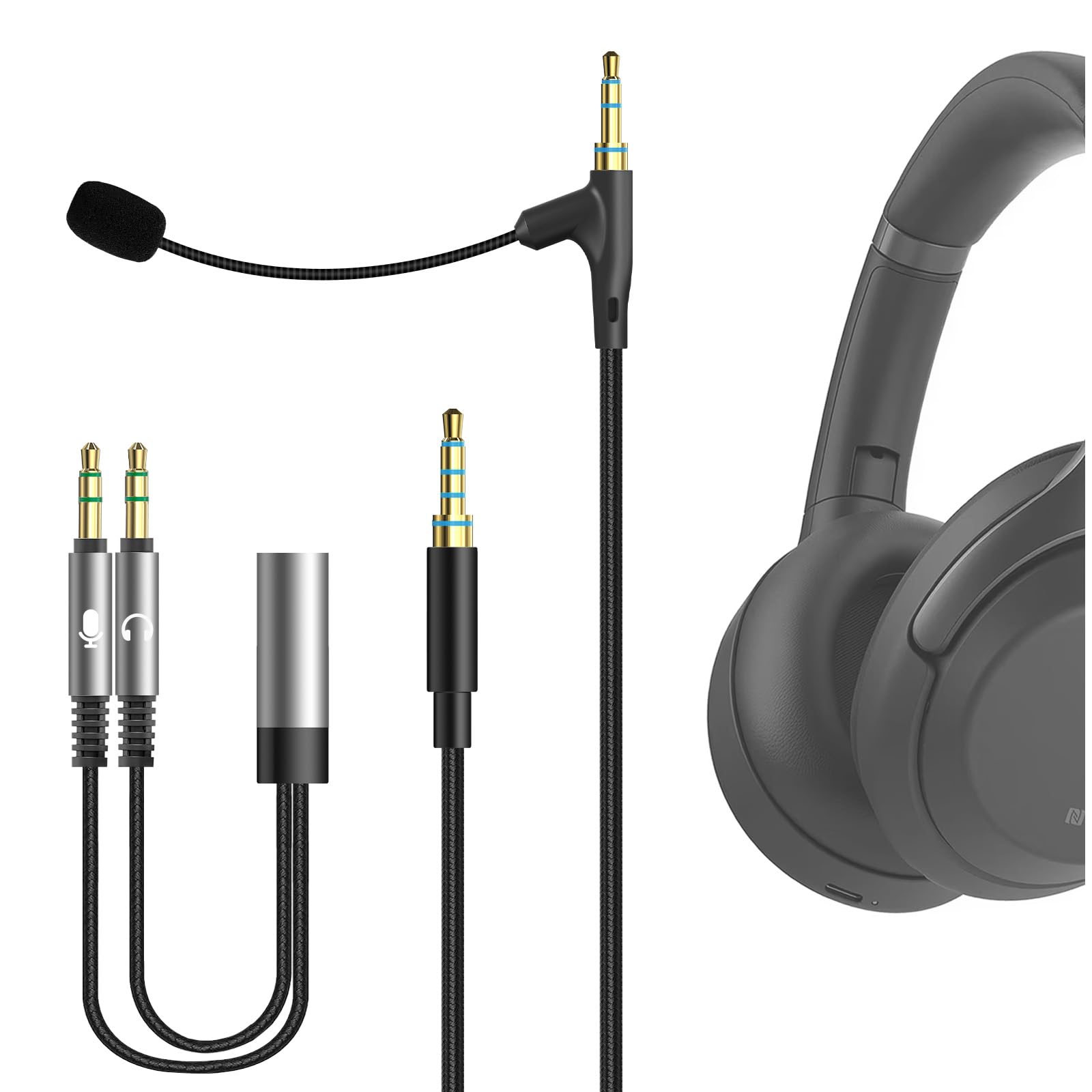 Geekria Kabel do słuchawek z mikrofonem na wysięgniku, kompatybilny z Sony WH-1000XM6/WH-1000XM5/WH-1000XM4, ULT Wear; 3,5 mm nylonowy pleciony zamiennik z mikrofonem (5,6 ft)