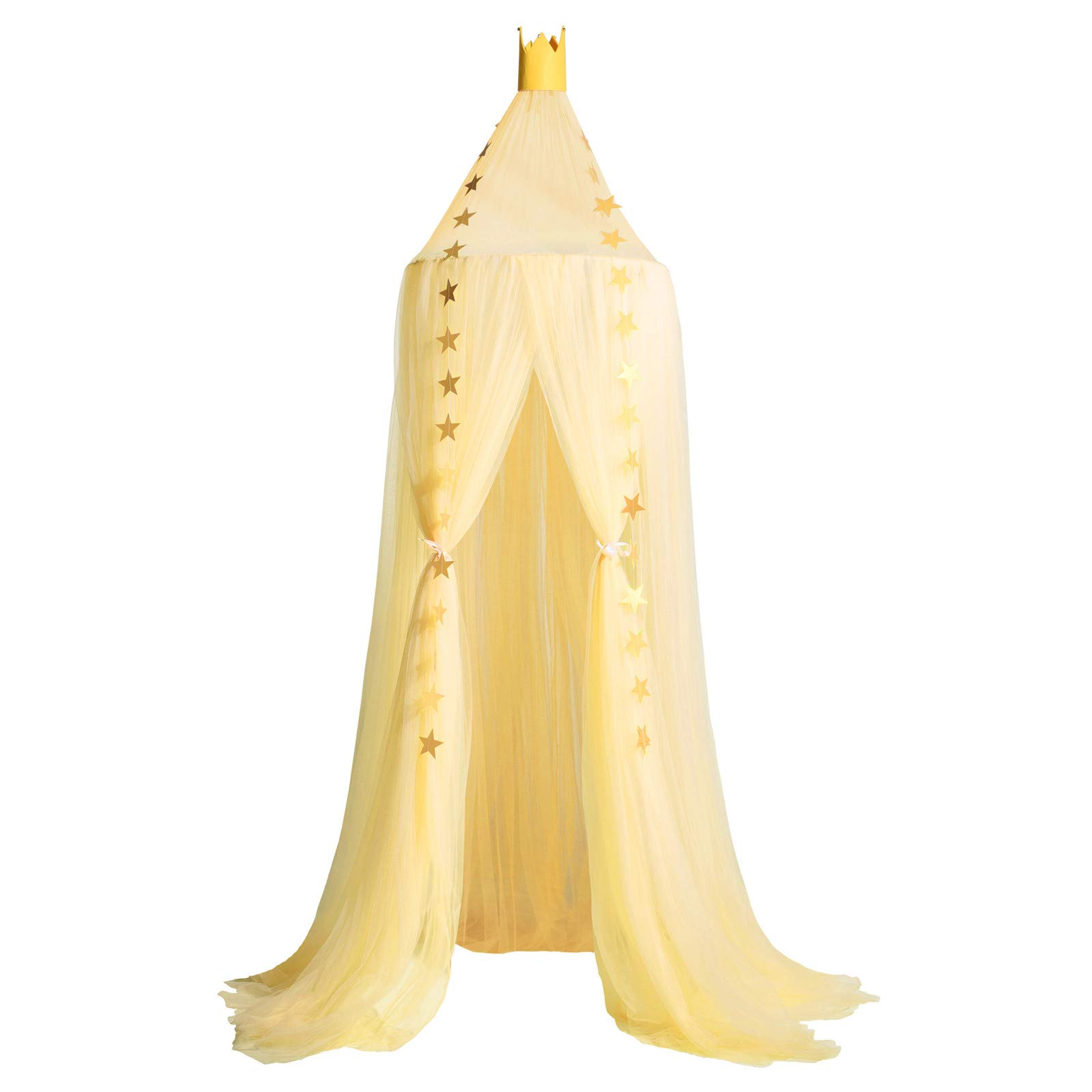 Ciel de lit pour bébé - En mousseline de soie - Avec guirlande d'étoiles - Jaune