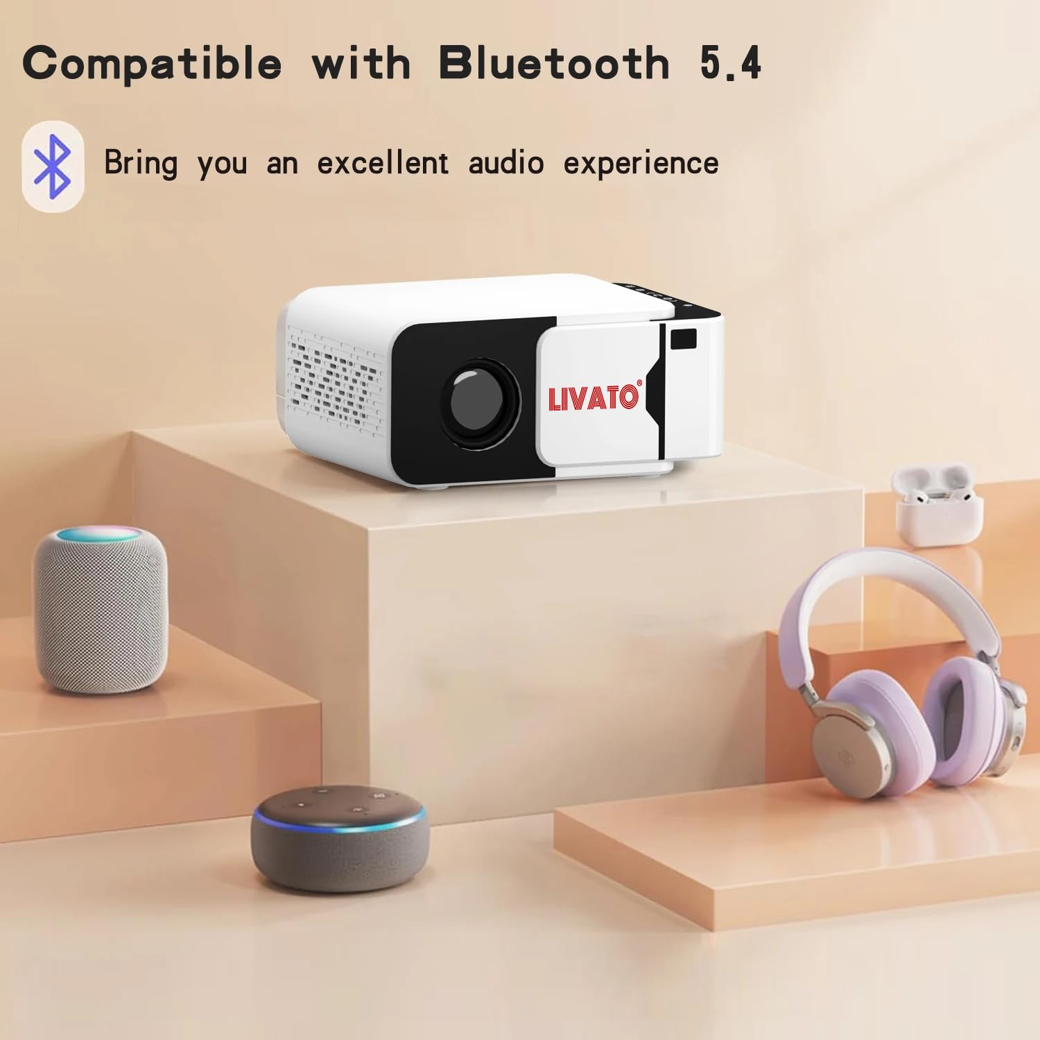 Livato T5 Mini Upgraded Android 13 Full HD Support Native 720P 5000 Lumens Auto Keystone WiFi & Bluetooth 6, Miracast, Built-in Speaker 1 Year Warrenty (White) 2