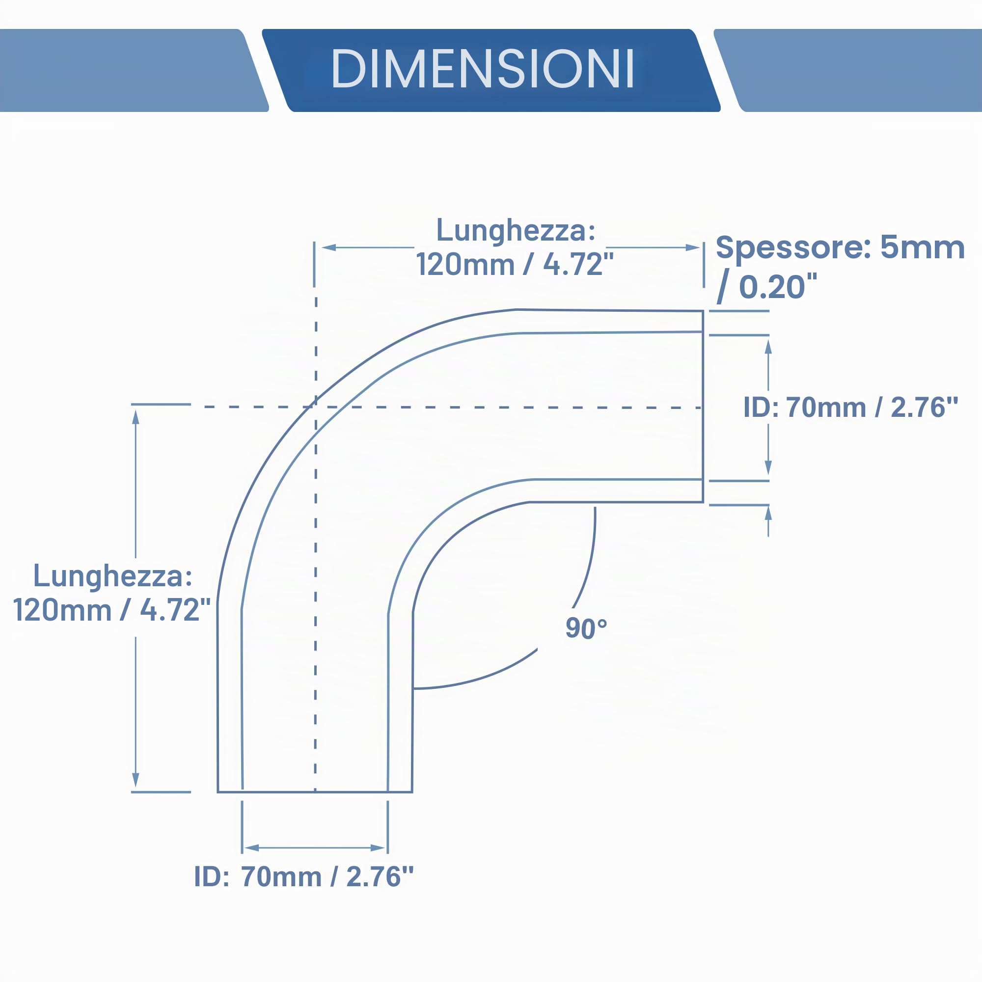 QUARKZMAN Tubo In Silicone Nero 1 Pz Per Auto A 90 Gradi | Diametro 70mm, Lunghezza 120mm, Spessore 5mm, Pressione 1Mpa, -60°C~300°C, Liquido Raffreddamento Olio Motore Freni