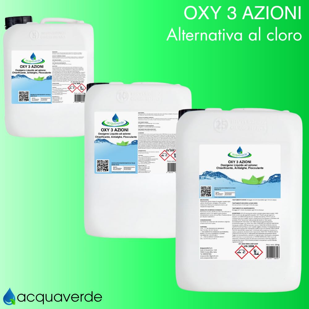 acquaverde OXY 3 Azioni | Ossigeno Attivo Liquido per Piscina - 25 kg, Chiarificante, Antialghe e Flocculante, Alternativa al Cloro per Trattamento, Pulizia ed Igiene per Acqua di Piscine