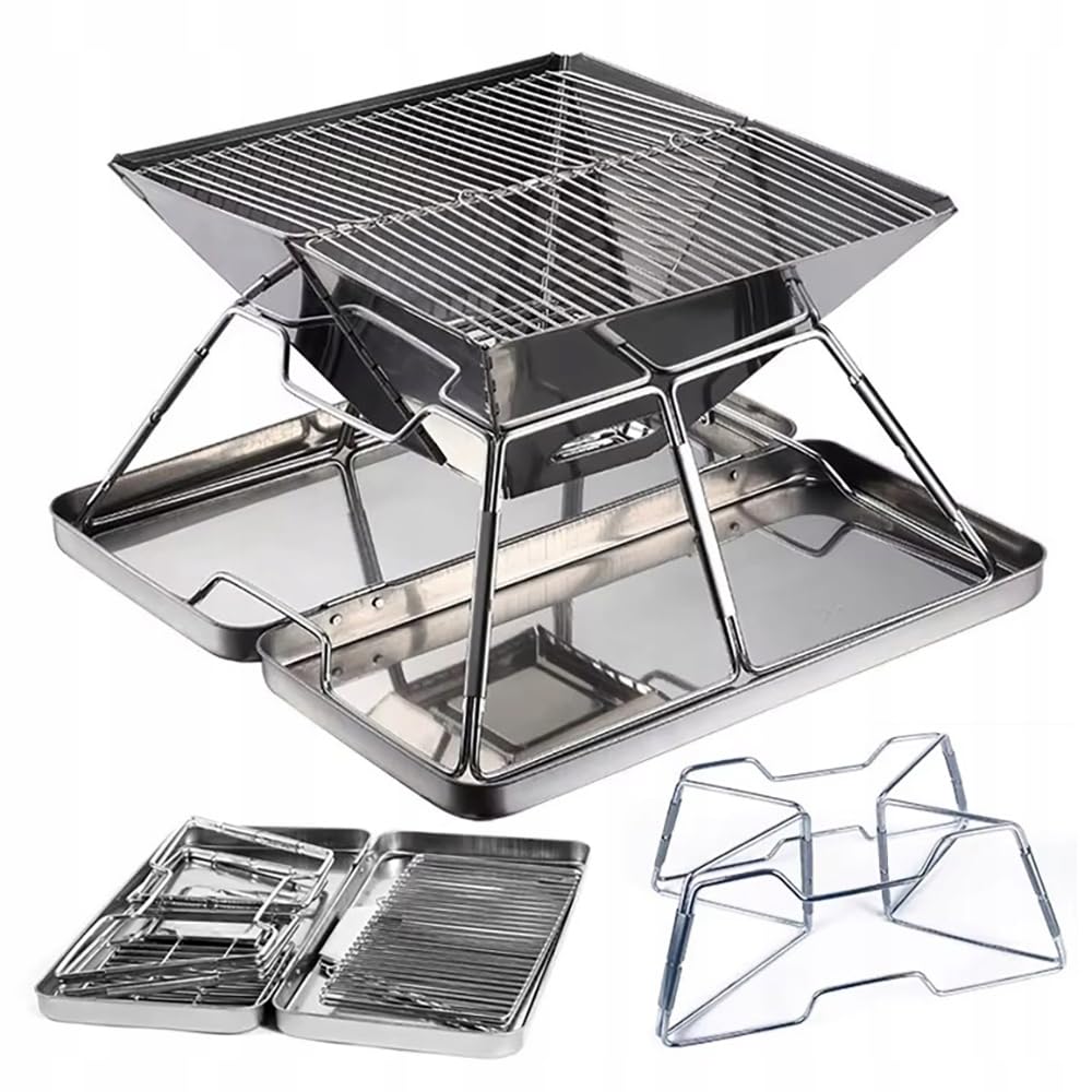 Zauren Grill kempingowy, węgiel drzewny, stal nierdzewna, srebrny, wymiary 40 x 23 x 6 cm, kompaktowy