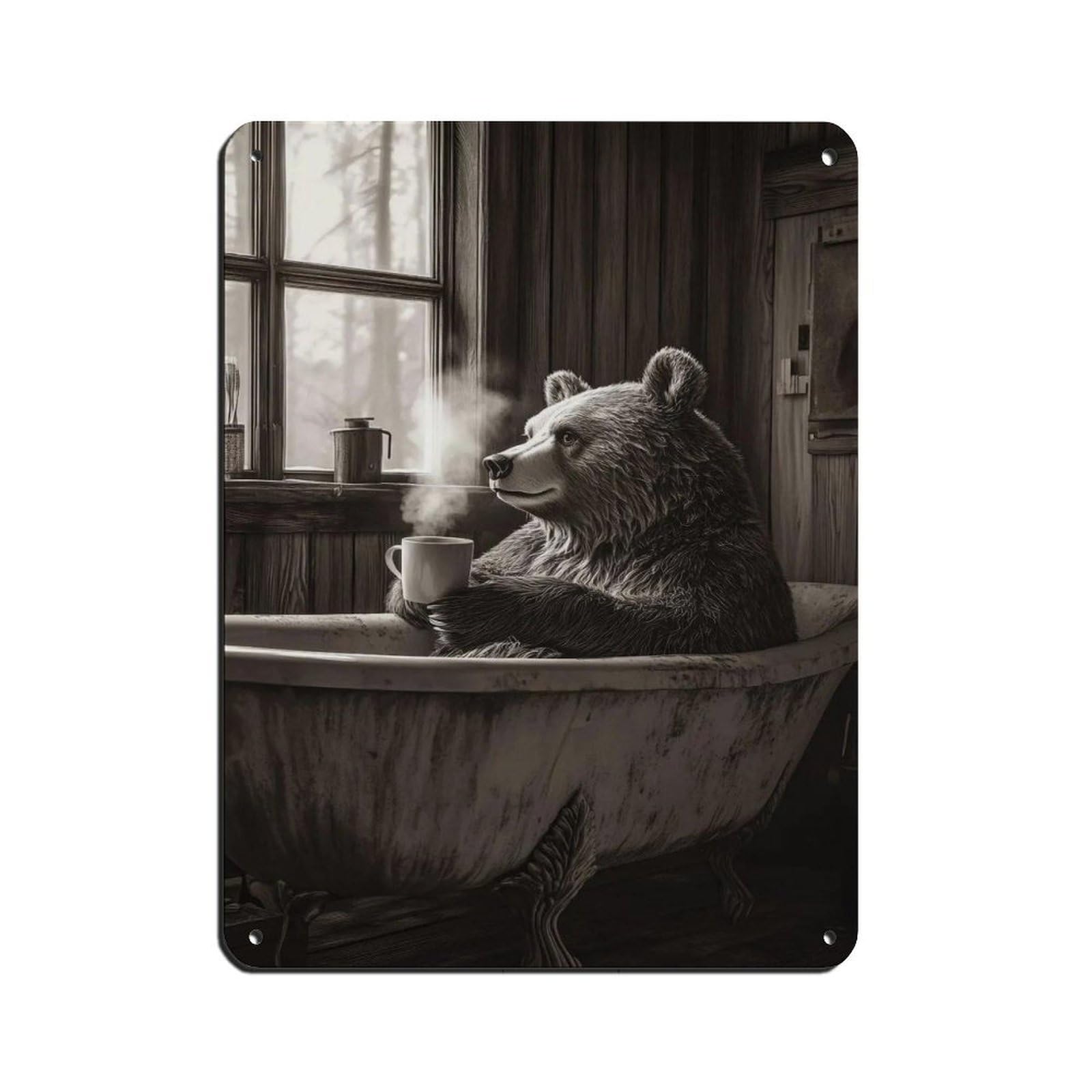 Whimsical Bear Sipping Coffee Retro Poster Metal Tin Sign Chic Art Retro Iron Painting Bar People Cave Cafe Family Garage Poster Wall Decoration 12x16inch(30x40cm)