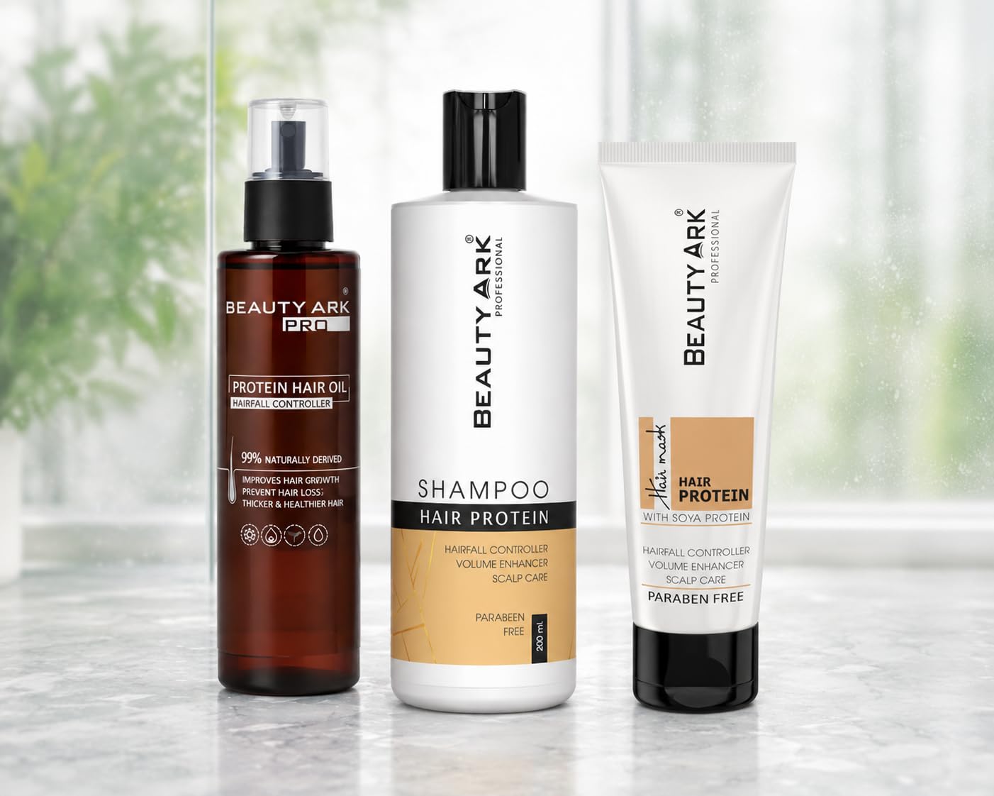 beauty ark professional hair protein kit, hair protein shampoo (200ml) + hair protein oil (100ml) + hair protein mask (100gm), paraben free, hairfall controller.