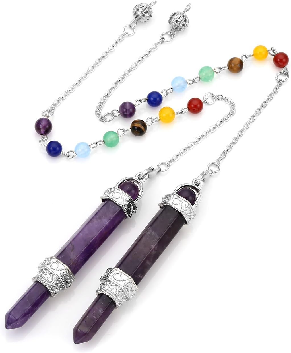 Top Plaza 7 Chakra Reiki Healing Crystal Hexagonal Pointed Pendant Necklace Divination Metaphysical Spiritual Amethyst Balancing Pendulum