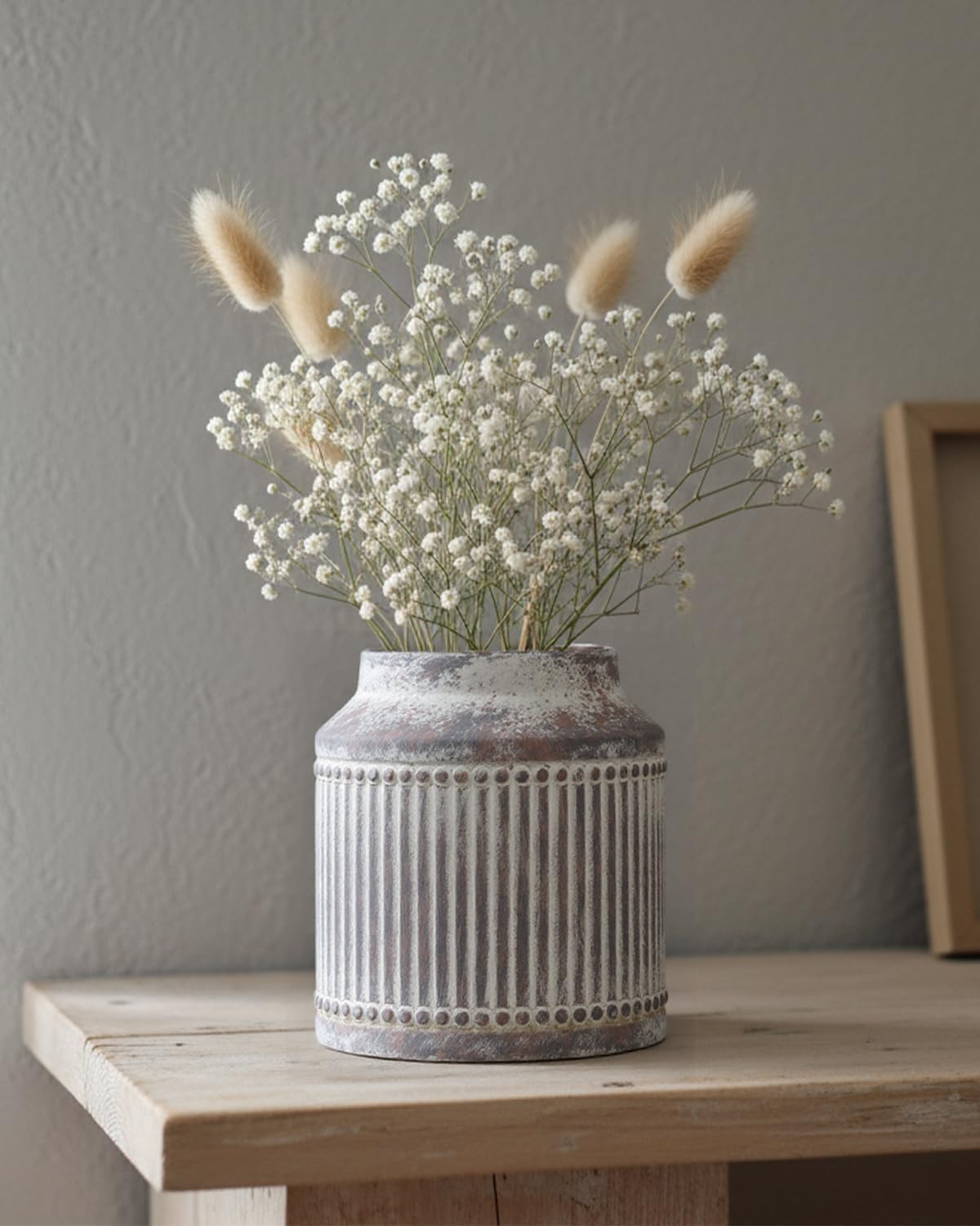 Ribbed Ceramic Vase, 7.32 Inch Gray Farmhouse Vase for Pampas Grass, Rustic Vintage Pottery Vase for Flowers, Dining Table Centerpiece, Coffee Table Shelf Entryway Decor - Image 7
