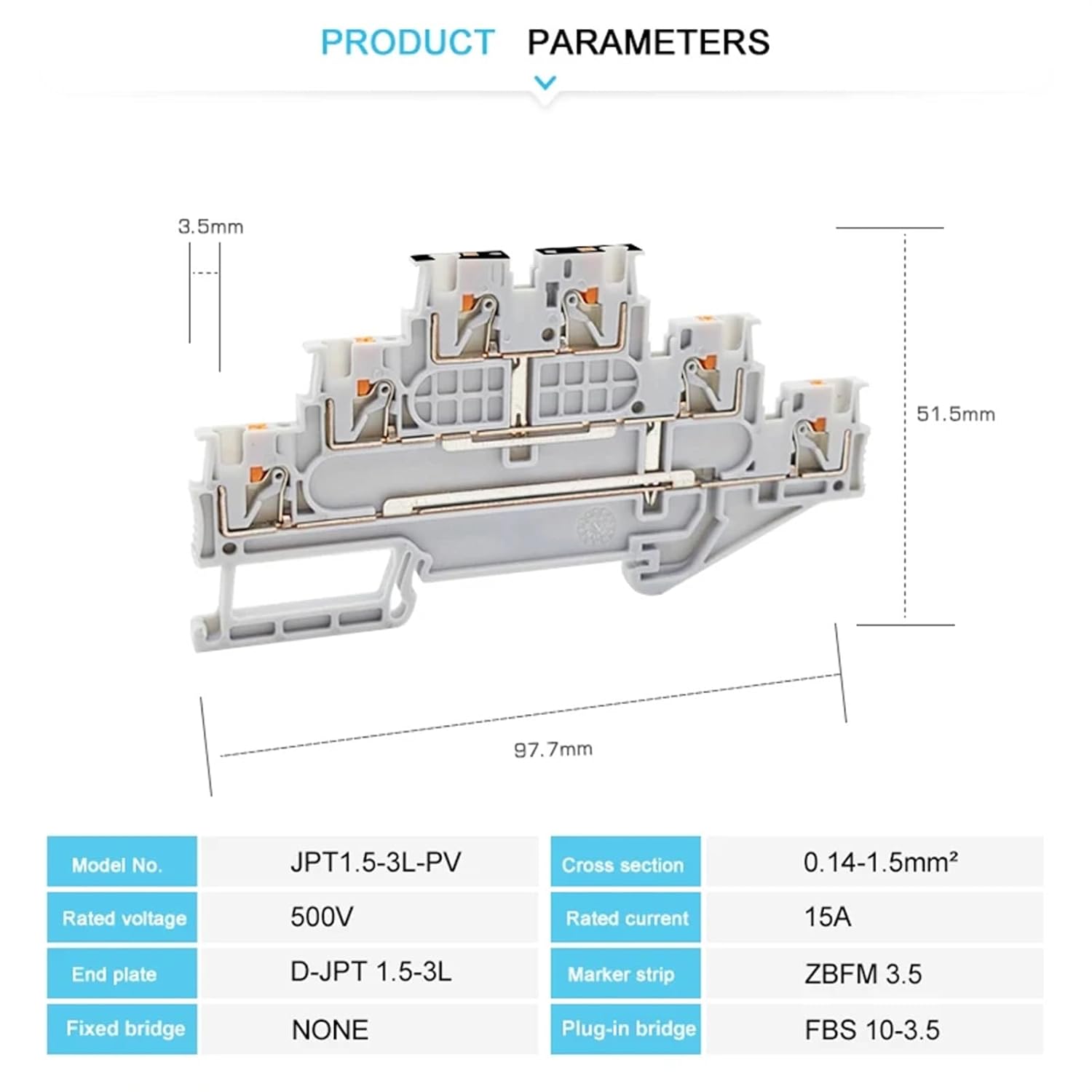 PT1.5-3L-PV 3 Level Equipotential Bonding Push-in Din Rail Terminal Block 1.5mm² Terminal Wire Connector PT 1.5-3L-PV(5 Pcs)