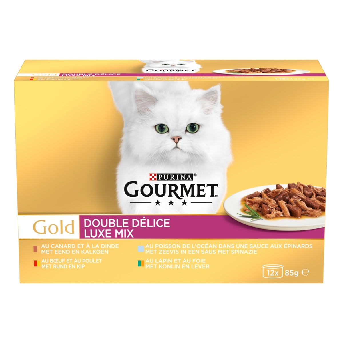 GOURMET | Gold | Double Délice | Chat Adulte | Filettines en Sauce | Bœuf et Poulet, Lapin et Foie, Poisson de l'Océan Sauce aux Epinards, Canard et Dinde | Boîtes | Lot de 8 (12 x 85 g)