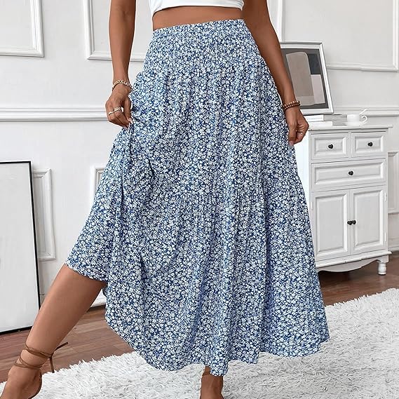 Floral Skirts for Women Summer Floral Smocked High Waisted Skirts Pleated Ruffle Tiered Beach Maxi Skirts with Pockets4