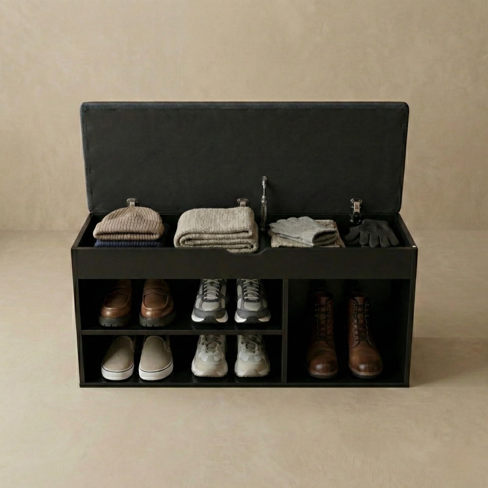 BOXIMO TRIA Schuhschrank mit Sitzbank 80 x 43 x 30 cm Schwarz MDF Polyester
