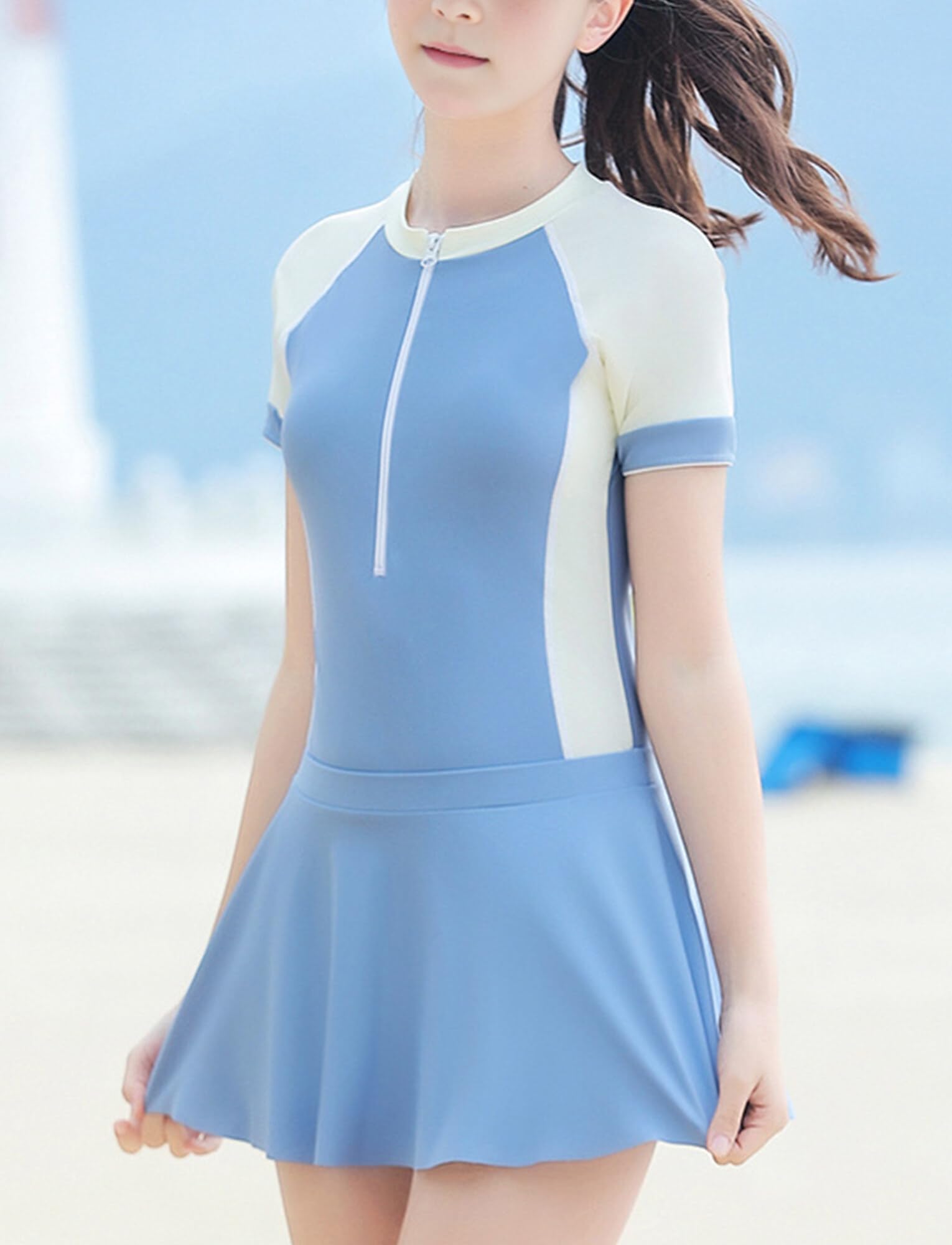 Maeau Costume da bagno per ragazze, costume da bagno uno/due pezzi, a maniche corte, protezione dai raggi UV, costume da bagno per surf, ad asciugatura rapida, costume da bagno per bambine