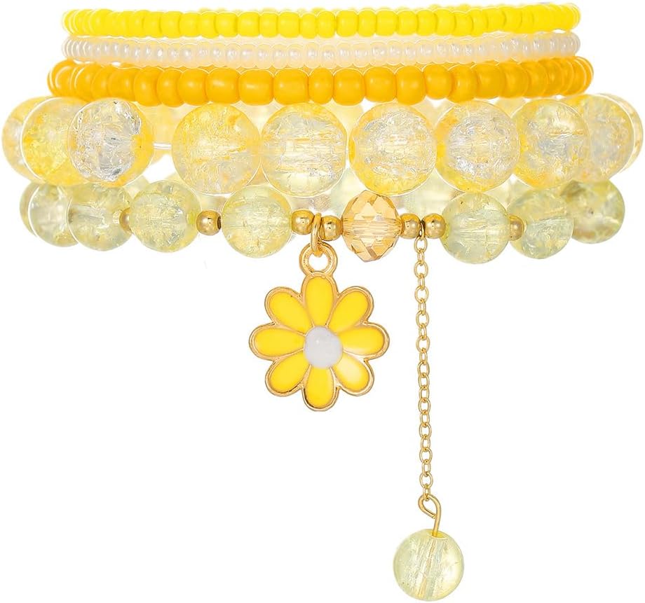 Handmade Multi-layer Daisy Crystal Beaded Bracelet for Women Stackable Colorful Flower Seed Beads Stretch Bracelet Boho Jewelry Birthday Holiday Gifts
