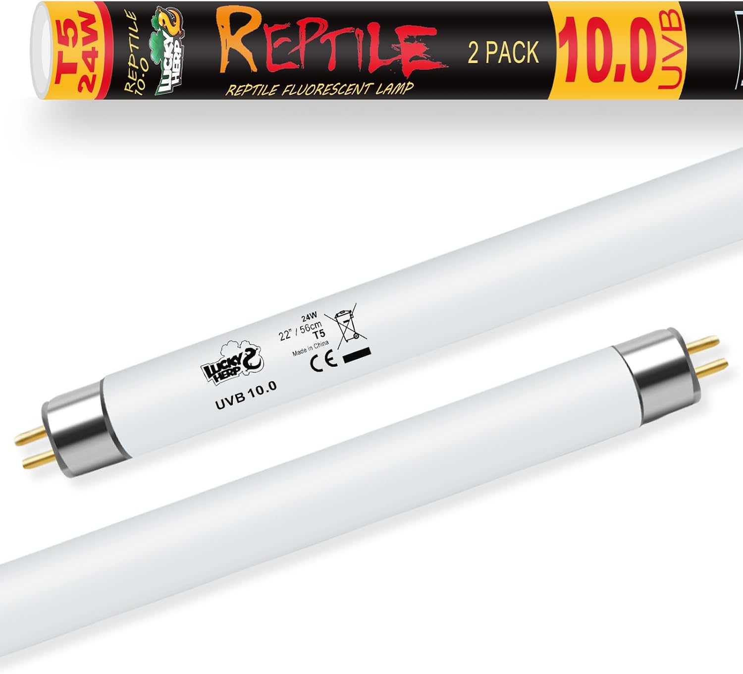 LUCKY HERP T5 UVB Reptile Light 2 Pack, 24W UVB 10.0 Reptile Light Bulb, UVA UVB Fluorescent Lamp Tube, UVB Lamp for Lizards, Turtles, Chameleons, Tortoises 24w - 22" Uvb 10.0 T5 UVB 10.0