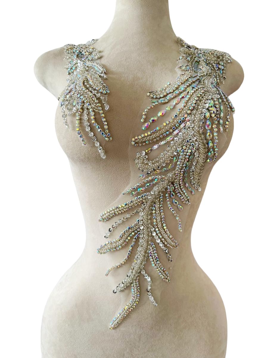 Photo 1 of wtbv.n Handmade Crystal on lace Applique Sewing Rhinestones Beads Sequins Patches Trim Luxury Decoration Accessories for Wedding Dress 2PCS/Set 26.3X4.7inches (Clear AB)