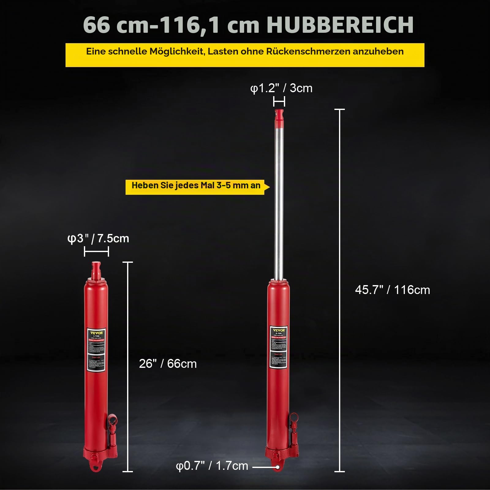 VEVOR Hydraulischer Langer Rammenheber, 8 Tonnen/17363 lbs Kapazität, mit Einzelkolbenpumpe und Gabelkopfsockel, manueller Hubarbeitsbühnenheber mit Griff, für Garagen-/Ladenkräne, Motorhubwerk, rot