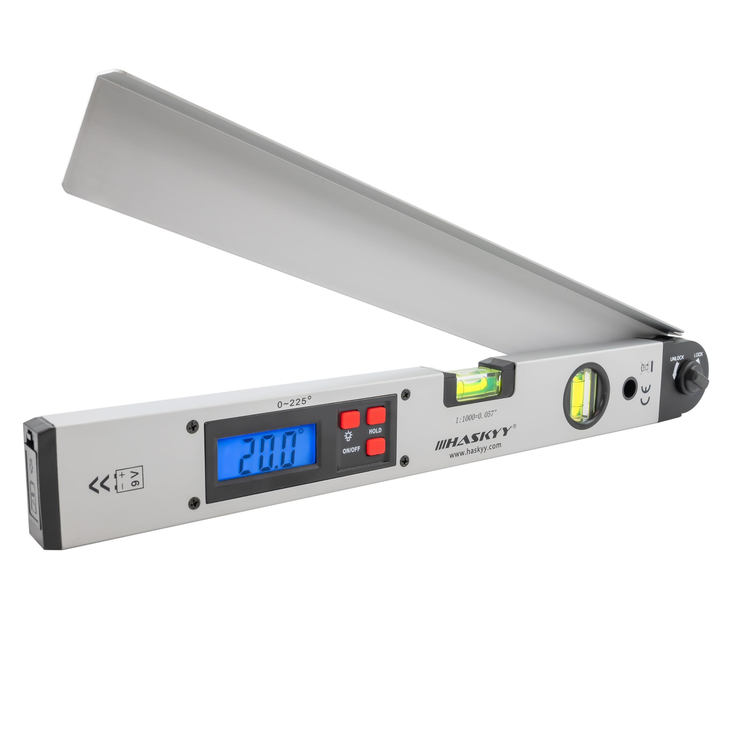 HASKYY Livella goniometrica 0-230° Livella rotante con display LCD 450 mm per misurazioni, ristrutturazioni e costruzioni - Argento