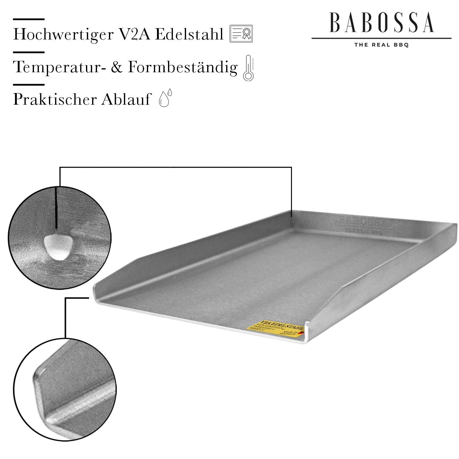 BABOSSA Grill Plancha aus V2A Edelstahl 30 x 45 cm – Erstklassige Verarbeitung & perfekte Hitzeverteilung – kompatibel mit Rösle Vario Edition – Teppanyaki Platte 100% Made in Germany