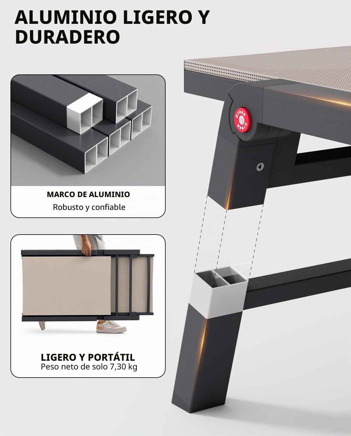 Tumbona de Aluminio para Exteriores, con 5 Posiciones Ajustables, Plegable, para Piscina, Playa, Patio, Piscina, Interior y Exterior, Color Beige