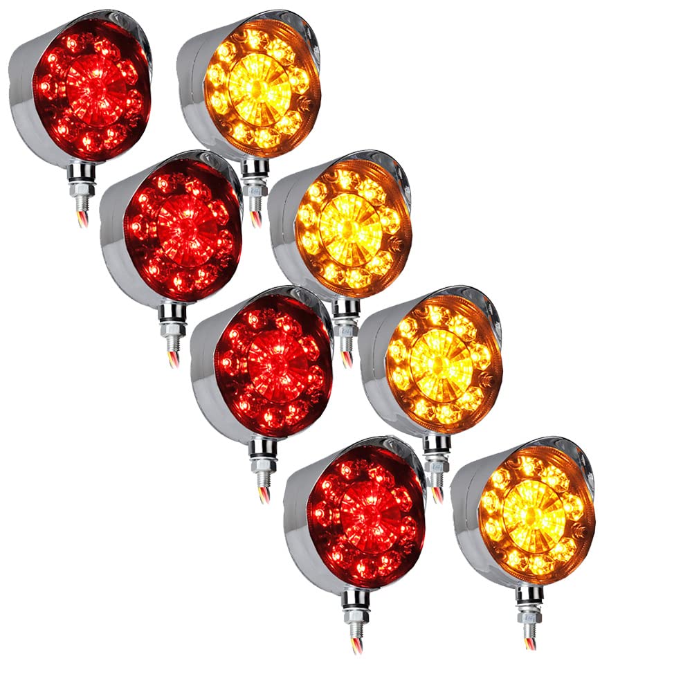 - 8X 28-LED Double Face Fender Pedestal Side Marker Light Turn Signal Running Parking Brake Lamp Waterproof with Chrome Visor Universal 24V Heavy Duty Truck Car Trailer Tractor (Amber Red)