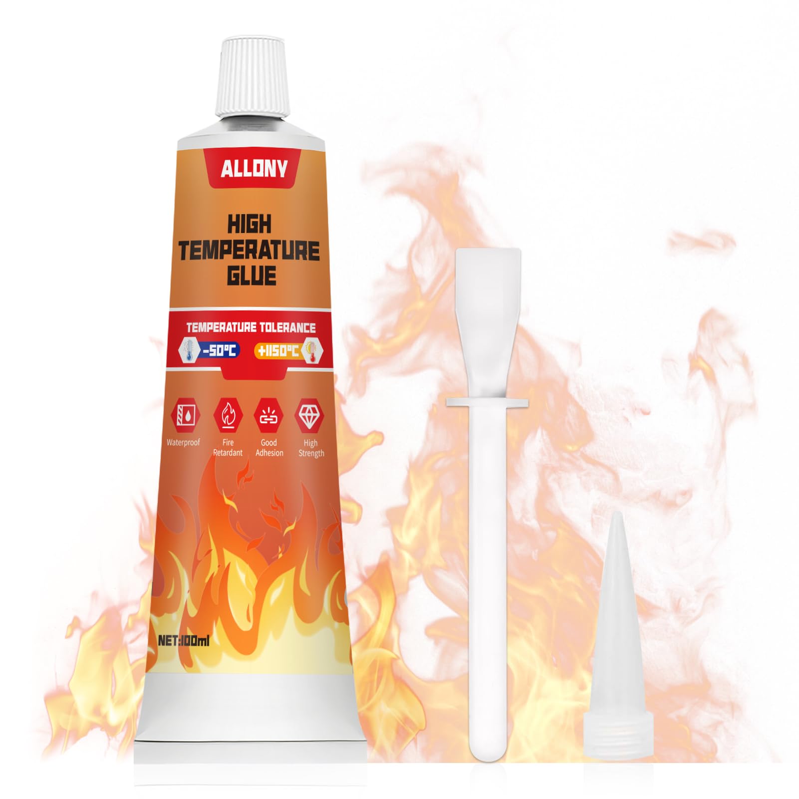 Allony 100ml Hochtemperaturkleber, Feuerfestes Silikon, Hitzebeständiger Kleber, Kleber Hitzebeständig über 1150°C, Ideal für Auto, Backöfen, Ofenfensterverglasung, Elektroherde, Herdplatten