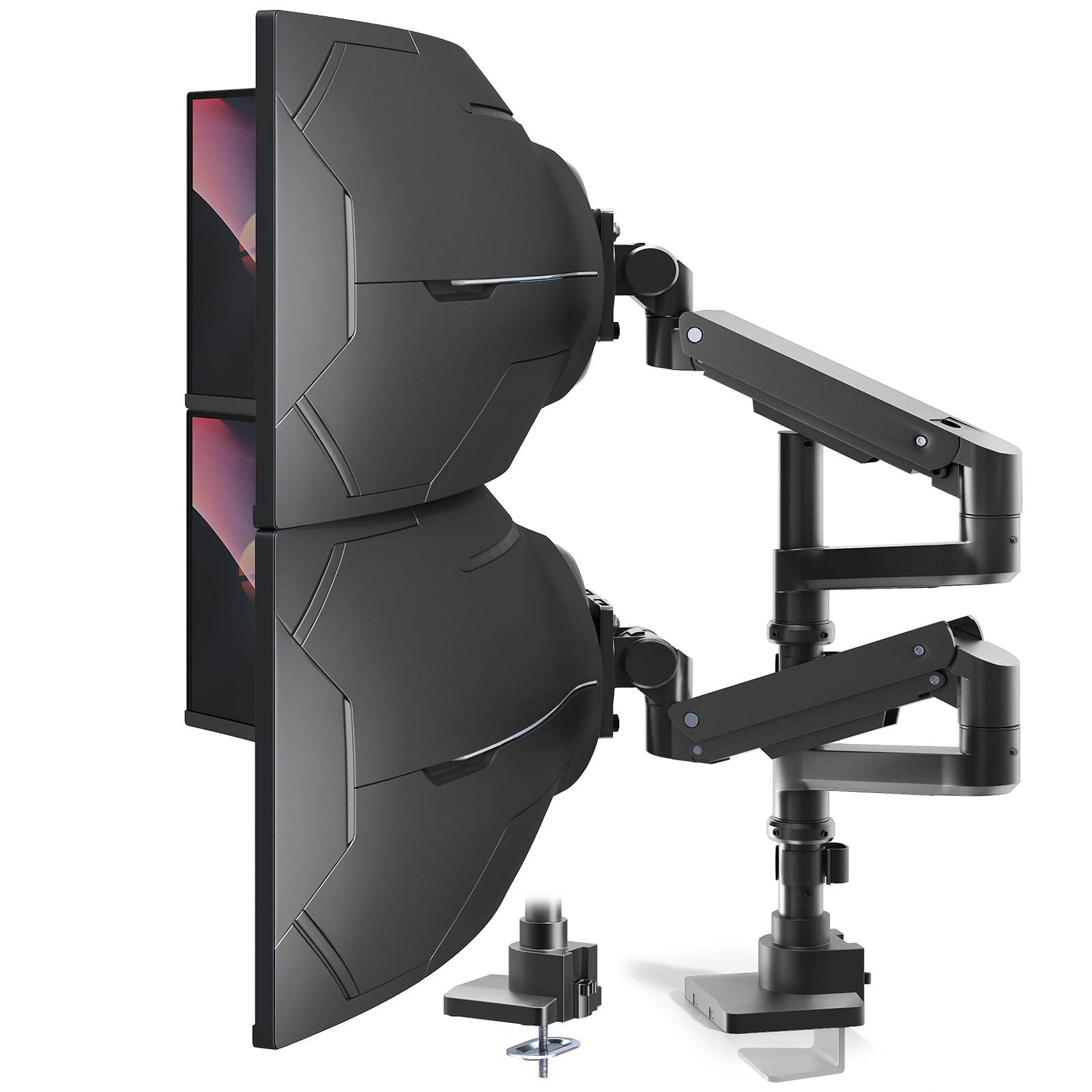 Brazo de monitor dual resistente para pantallas de 17 a 57 pulgadas, soporte vertical ultra ancho para monitor doble, soporte de escritorio apilado totalmente ajustable, carga máxima de 44 libras (por