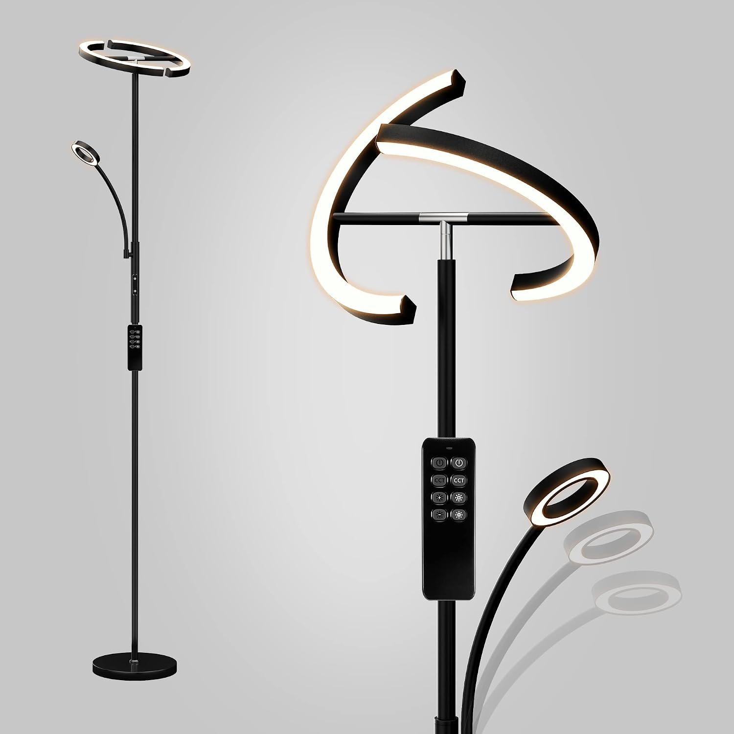 LED Floor Lamp with Reading Light, A ANTEN Modern Standing Lamp for Living Room, 20W Main Light & 7W Reading Lamp, Remote & Touch Control Dimmable Floor Light, Tall Black Pole Lamp for Bedroom, Office