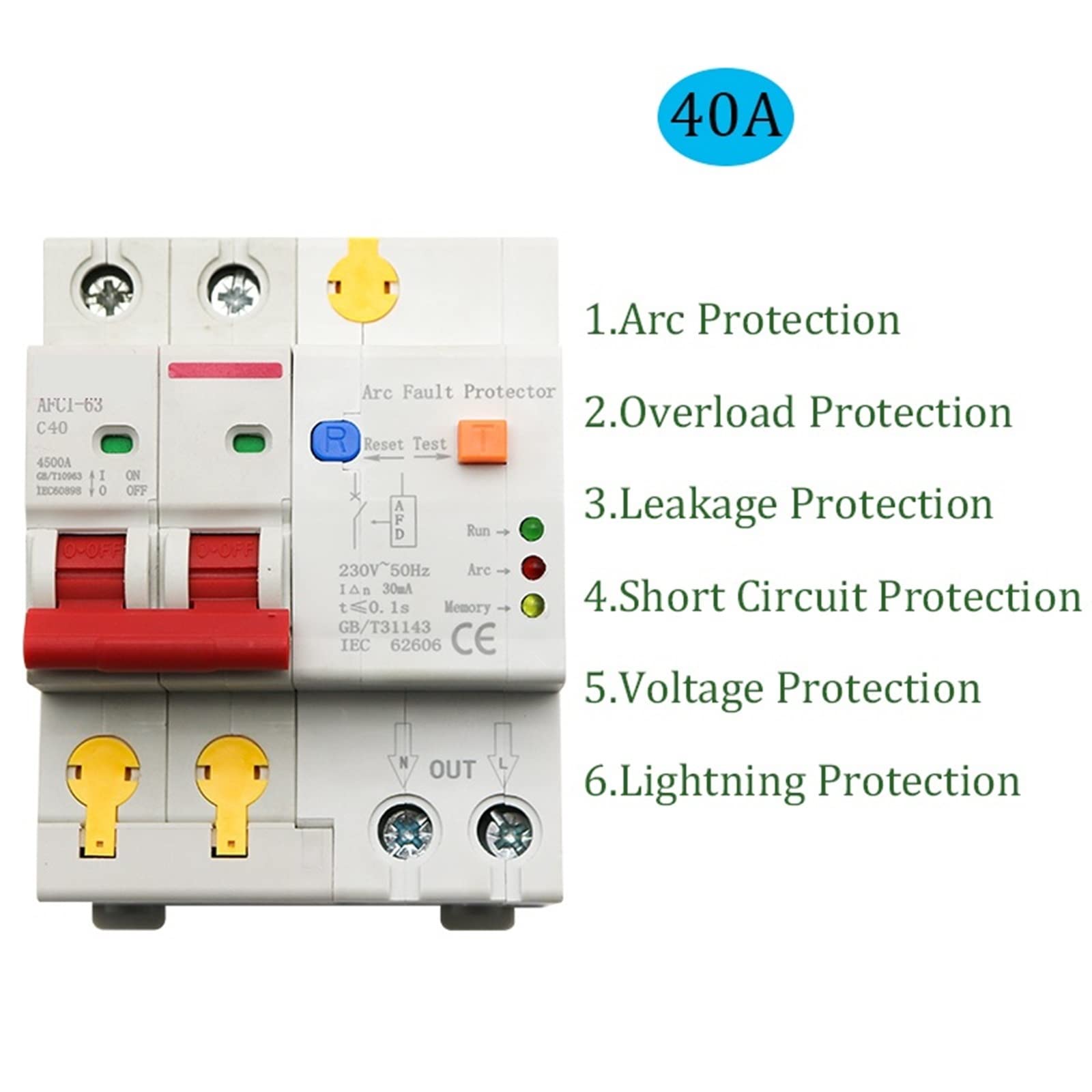 Protector de falla de arco 40A 2P, interruptor de circuito, interrupción de sobrecarga, fuga a tierra, protección de voltaje de cortocircuito, 1 Uds.